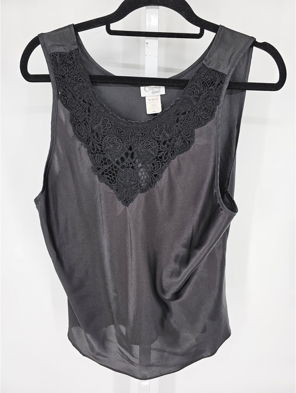 Vtg Cinema Etoile Womens Sz XL Satin Pajama Top Black Sexy Sleeveless